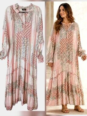 VICI Women's Floral Maxi Dress Patchwork V-Neck Long Sleeve Boho Bohemian Size M